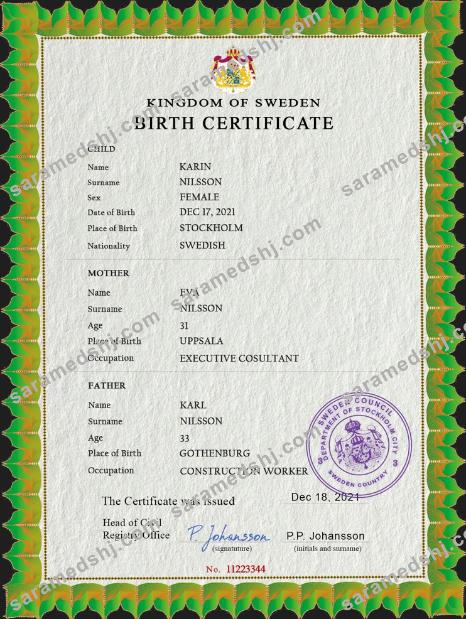 Sweden vital record birth certificate PSD template, fully editable